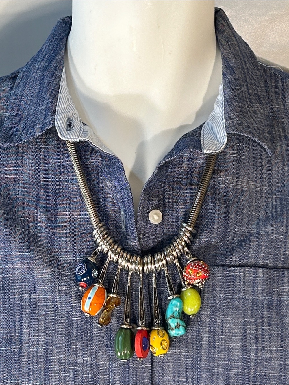 Colorful Stone & Glass Multi-Bead Statement Necklace Festive Art to Wear Party